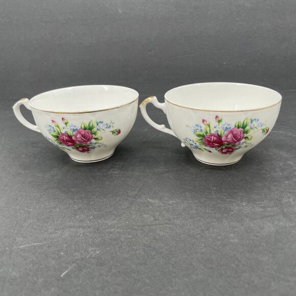 Porcelain Snack Shell Shaped Plates Cups 4 Sets Pink Roses Gold Trim Japan Vtg B - Picture 5 of 13